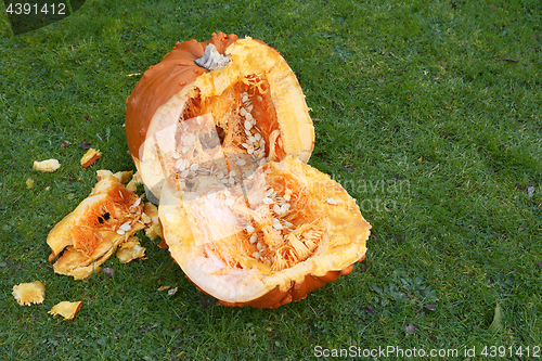 Image of Large pumpkin, roughly hacked into two halves