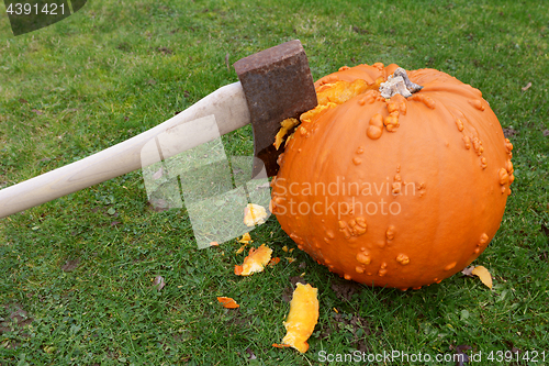 Image of Long-handled axe cuts roughly into a pumpkin