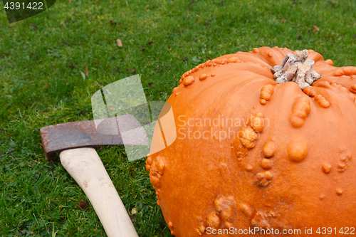 Image of Sharp axe on grass with orange pumpkin