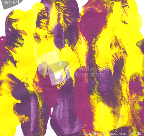 Image of Abstract daubs of yellow, purple and magenta paint