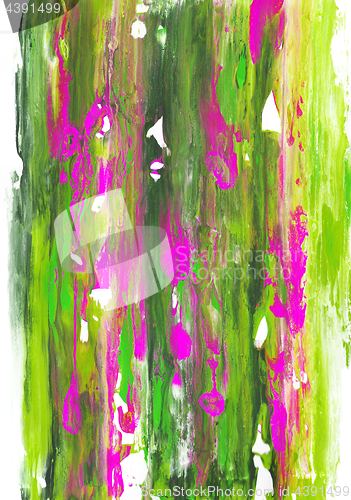 Image of Long streaks of green and pink paint on white paper 