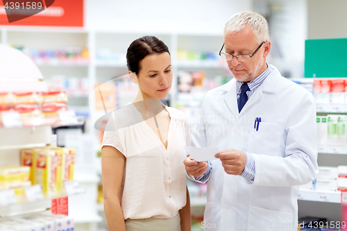 Image of apothecary and woman with prescription at pharmacy