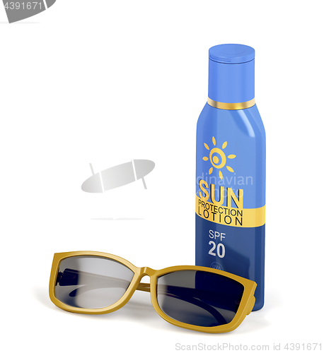 Image of Sunscreen lotion and female sunglasses