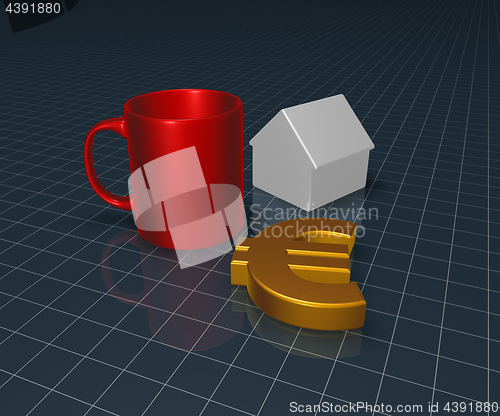 Image of mug, euro symbol and house model
