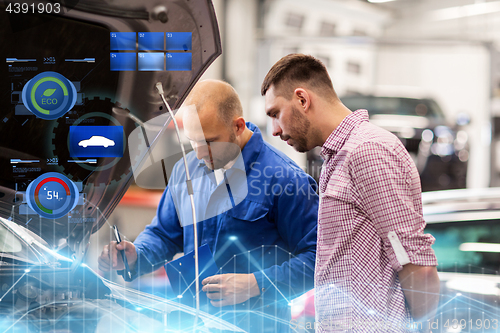 Image of auto mechanic with clipboard and man at car shop