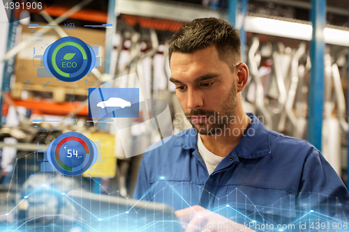 Image of auto mechanic or smith with tablet pc at workshop