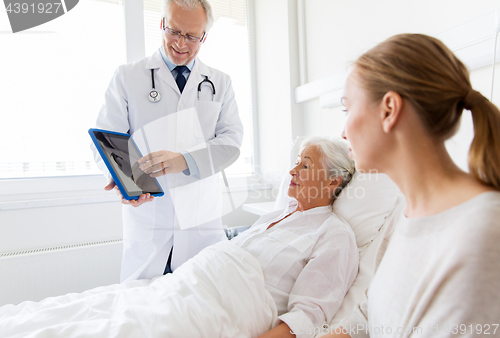 Image of senior woman and doctor with tablet pc at hospital