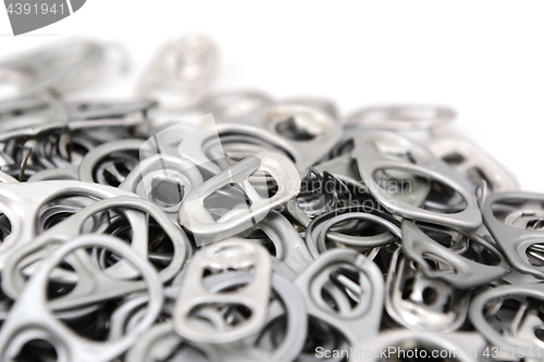 Image of Heap of ring pulls with one pull tab in focus