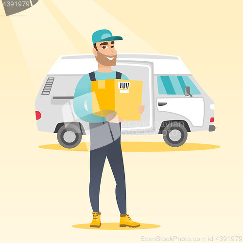 Image of Delivery courier carrying cardboard boxes.