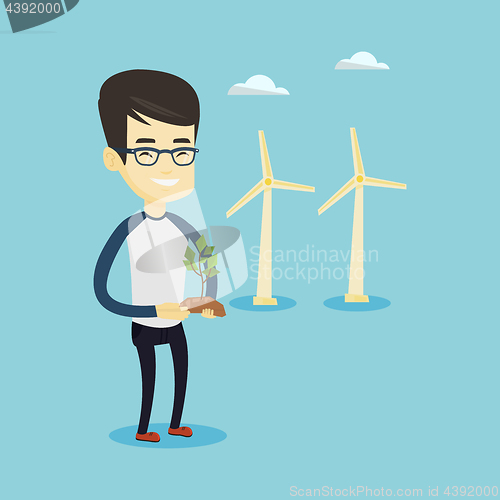 Image of Man holding small plant vector illustration.