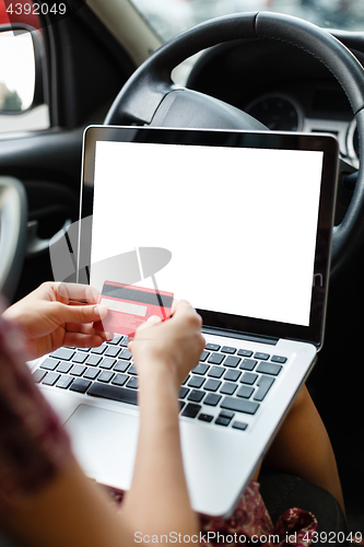 Image of Girl shopping in car using laptop