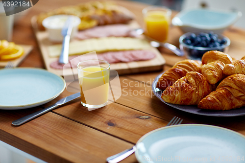 Image of plate of croissants on wooden table at breakfast