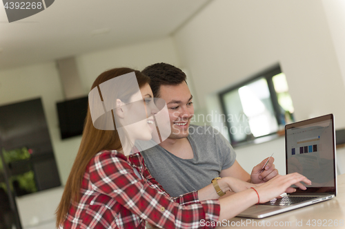 Image of happy young couple buying online