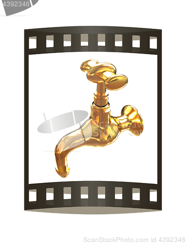 Image of Gold water tap. 3d illustration. The film strip.