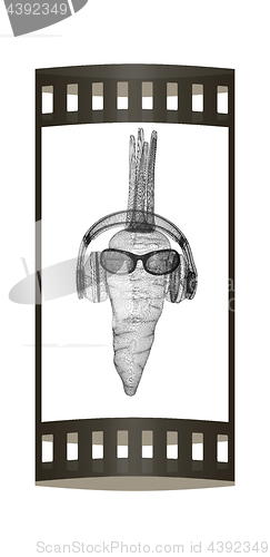 Image of carrot with sun glass and headphones front \"face\" on a white bac