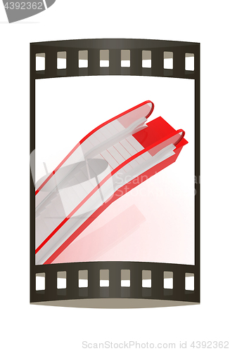 Image of Single escalator. 3d illustration. The film strip.