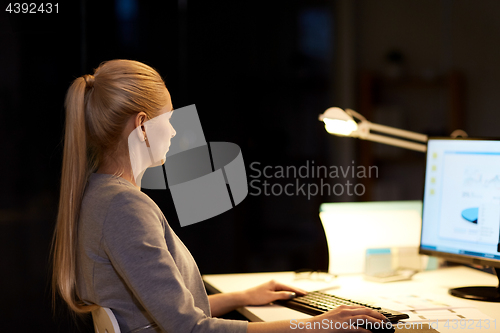 Image of businesswoman at computer working at night office