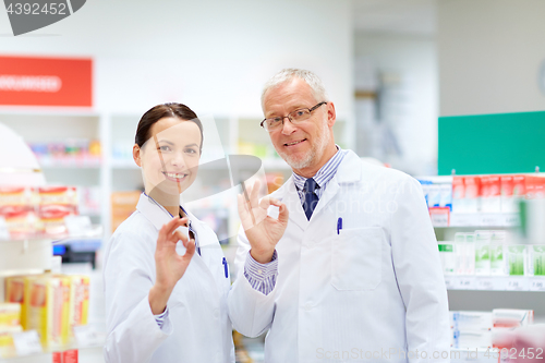 Image of apothecaries at pharmacy showing ok hand sign