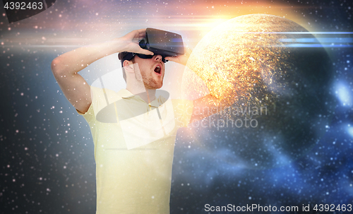 Image of man in virtual reality headset or 3d glasses