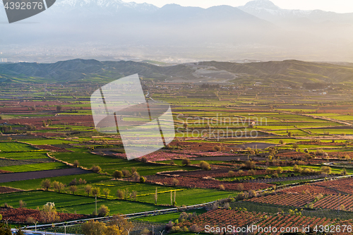 Image of Beutiful sunset over colored agricultiral fields