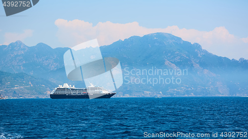 Image of Cruise Ship came to Amalfi in Southern Italy. Aerial view