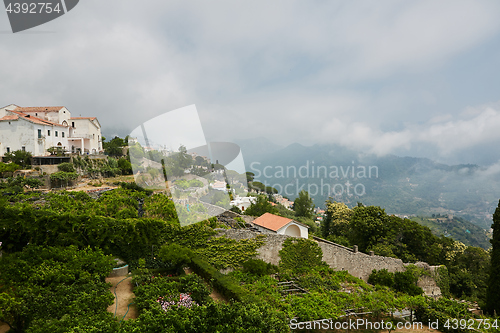 Image of Scenic panoramic view of Ravello surroundings with agriculture terraces, Amalfi Coast, Campania, Italy.