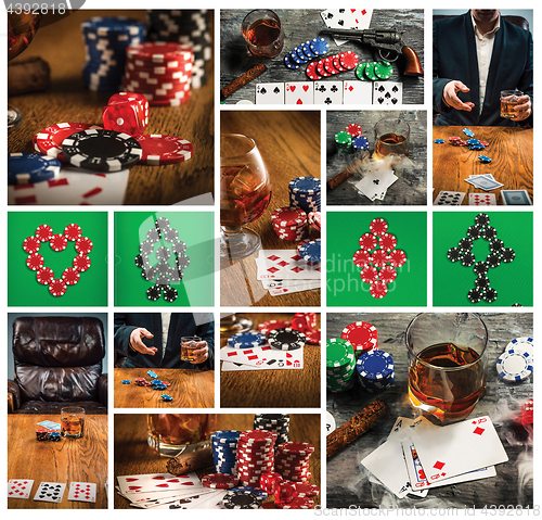 Image of Cigar, chips for gamblings, drink and playing cards