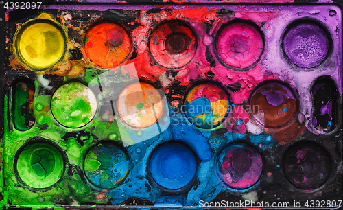 Image of Watercolor palette with mixed colors