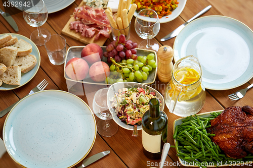 Image of various food on served wooden table