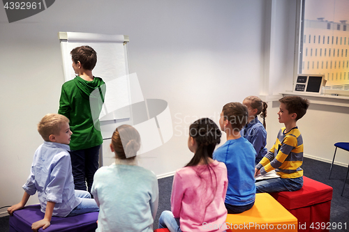 Image of student boy with marker writing on flip board