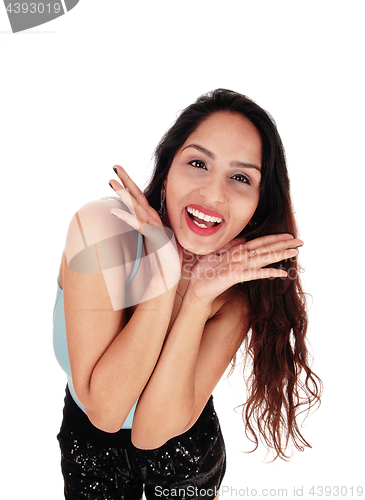 Image of Happy young woman laughing