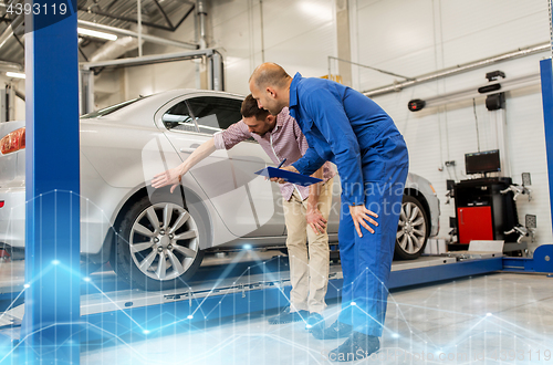 Image of auto mechanic with clipboard and man at car shop