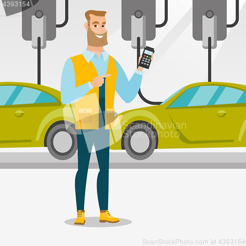 Image of Worker controlling automated assembly line for car