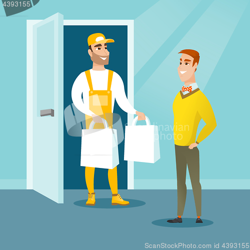 Image of Delivery courier delivering groceries to customer.