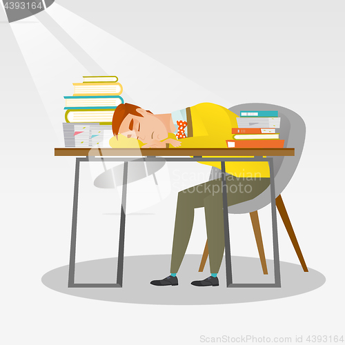 Image of Student sleeping at the desk with book.