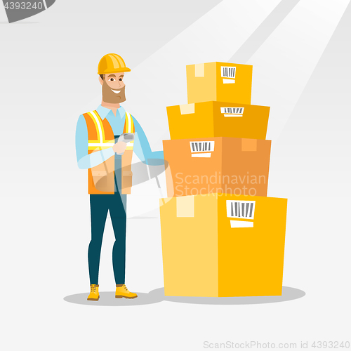 Image of Warehouse worker scanning barcode on box.