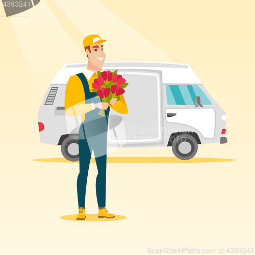 Image of Delivery courier holding bouquet of flowers.
