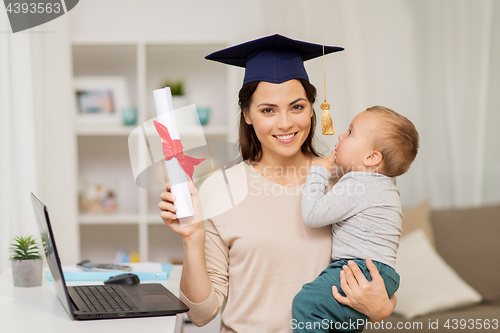 Image of mother student with baby boy and diploma at home