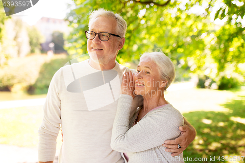 Image of happy senior couple hugging at summer park