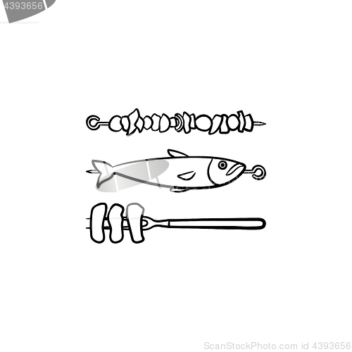 Image of Skewer with shish kebab and fish vector line icon.