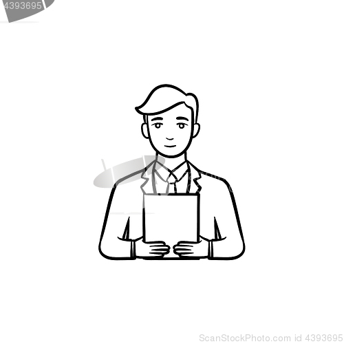 Image of Man with electronic tablet hand drawn sketch icon.