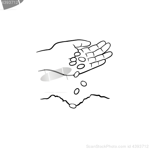 Image of Hand planting seeds hand drawn sketch icon.
