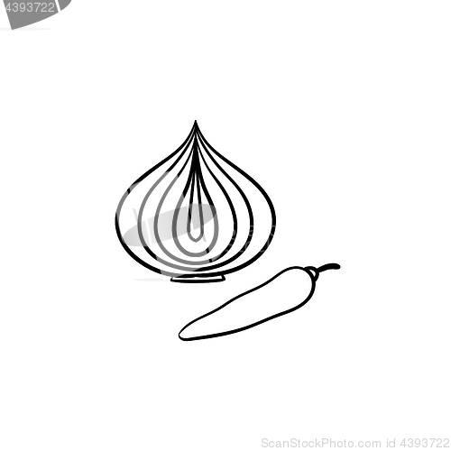 Image of Onion bulb and chili pepper hand drawn sketch icon