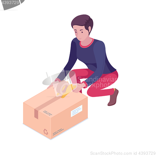 Image of Young caucasian white woman packing cardboard box.