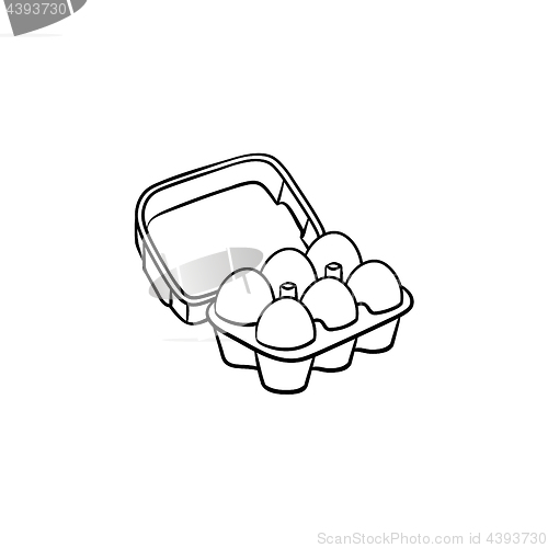 Image of Eggs in carton pack hand drawn sketch icon.