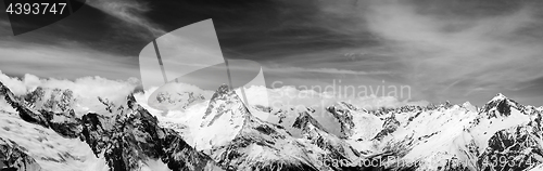 Image of Black and white panorama of snow winter mountain