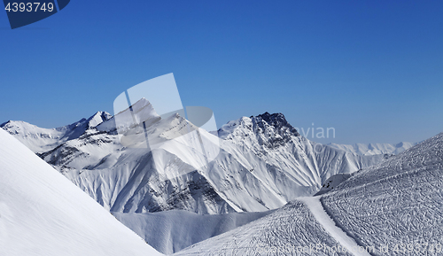 Image of Panoramic view of ski resort with off-piste slope at nice sun da