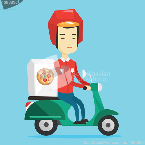 Image of Man delivering pizza on scooter.