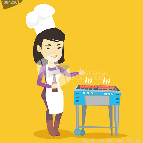 Image of Woman cooking steak on barbecue grill.