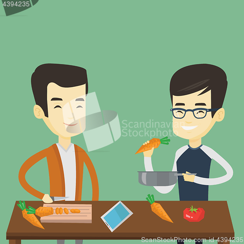 Image of Men cooking healthy vegetable meal.